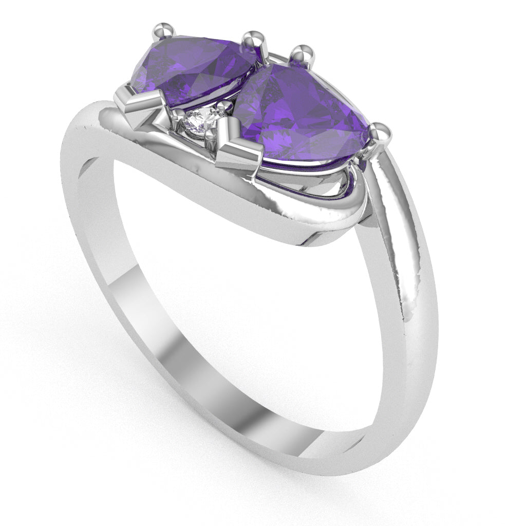 2 Hearts In Love Amethyst Diamond Promise Ring In 14k White Gold