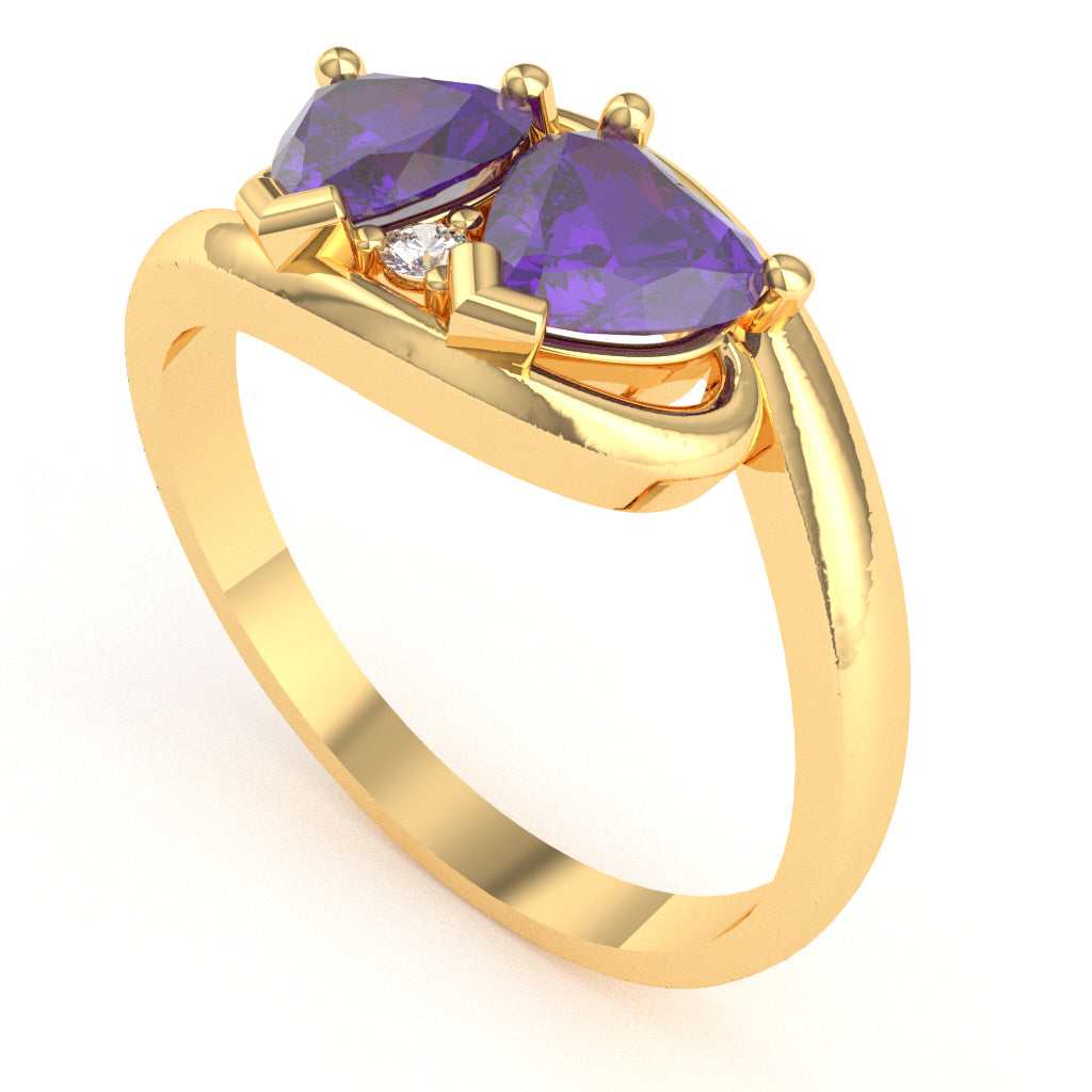 2 Hearts In Love Amethyst Diamond Promise Ring In 14k Yellow Gold