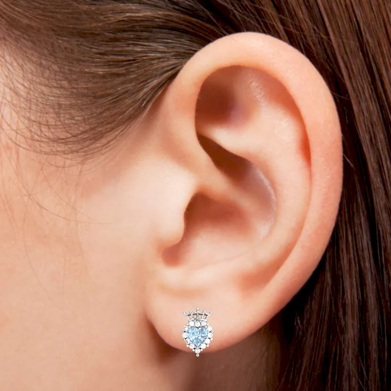 Aquamarine Diamond Claddagh motif Stud Earrings in 10k White Gold