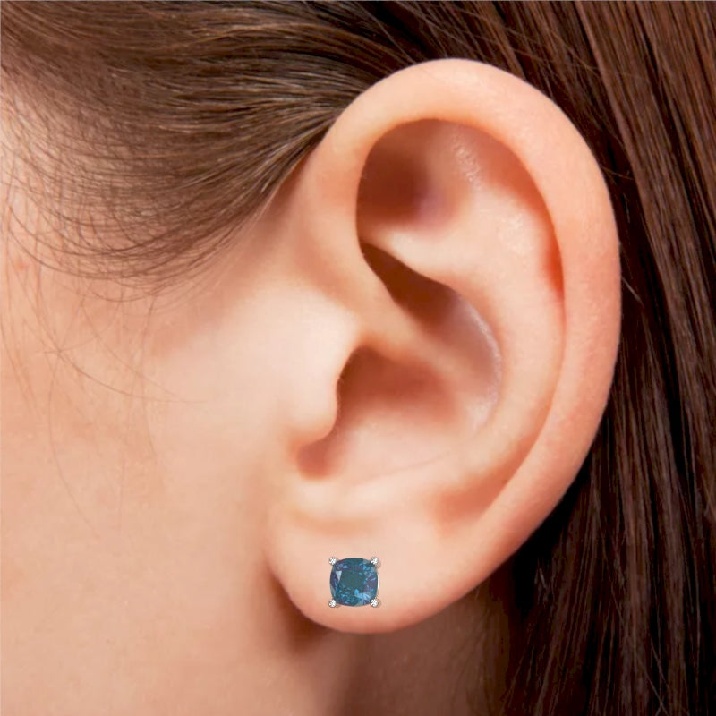 Lab-Created Alexandrite 5mm Cushion Stud Earrings in 10k White Gold