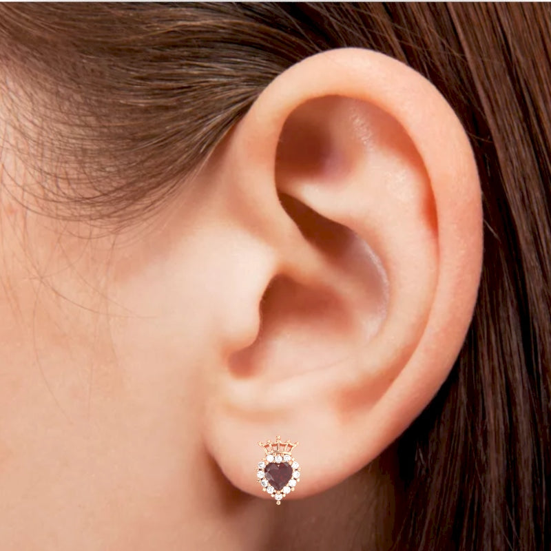 Ruby Diamond Claddagh motif Stud Earrings in 10k Rose Gold