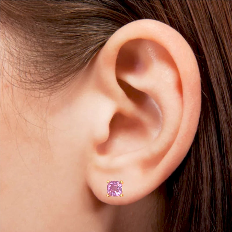 Lab-Created Pink Sapphire 5mm Cushion Stud Earrings in 10k Yellow Gold