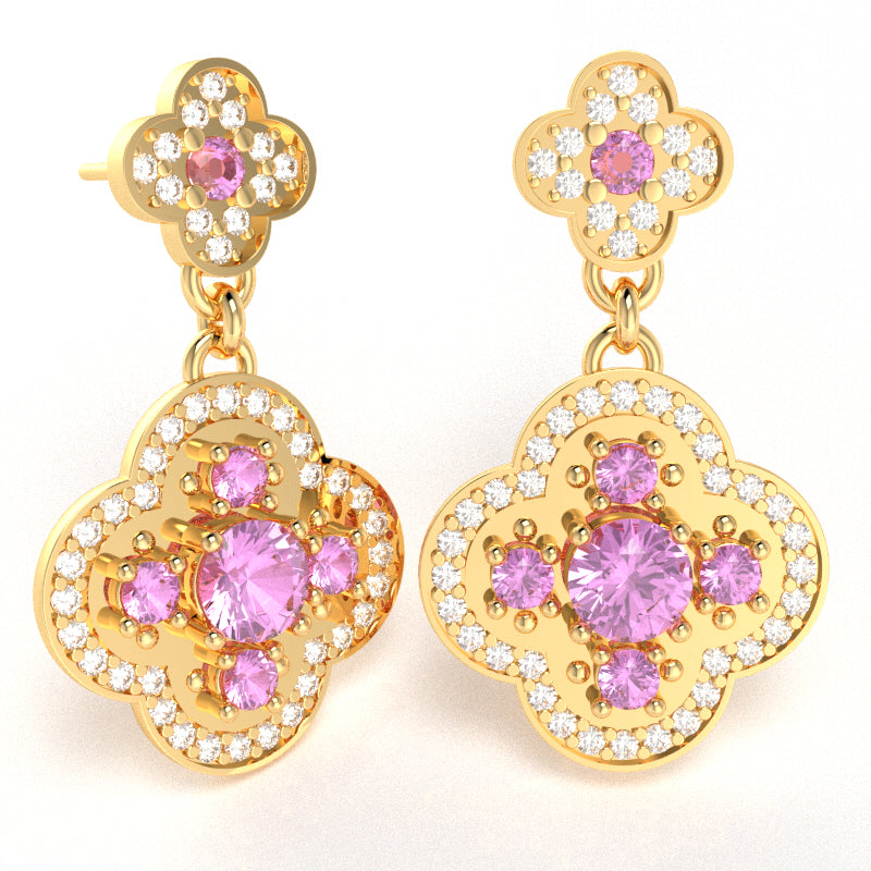 Shamrock Clover Flower Leaf Lab-Created Pink Sapphire Diamond Earrings In 10k Yellow Gold