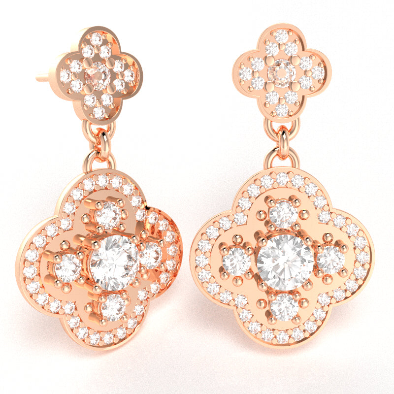 Shamrock Clover Flower Leaf White Topaz Diamond Earrings In 10k Rose Gold