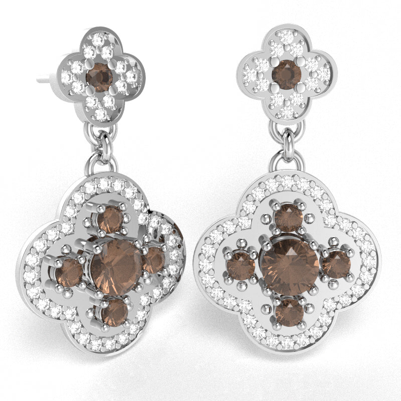 Shamrock Clover Flower Leaf Smoky Quartz Diamond Earrings In 10k White Gold