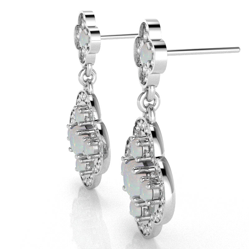 Shamrock Clover Flower Leaf Opal Diamond Earrings In 10k White Gold