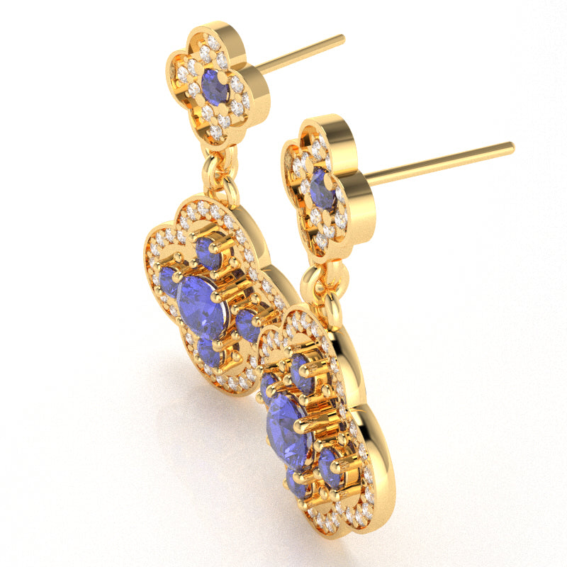Shamrock Clover Flower Leaf Tanzanite Diamond Earrings In 10k Yellow Gold