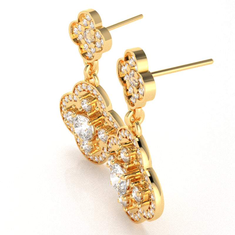 Shamrock Clover Flower Leaf White Topaz Diamond Earrings In 10k Yellow Gold