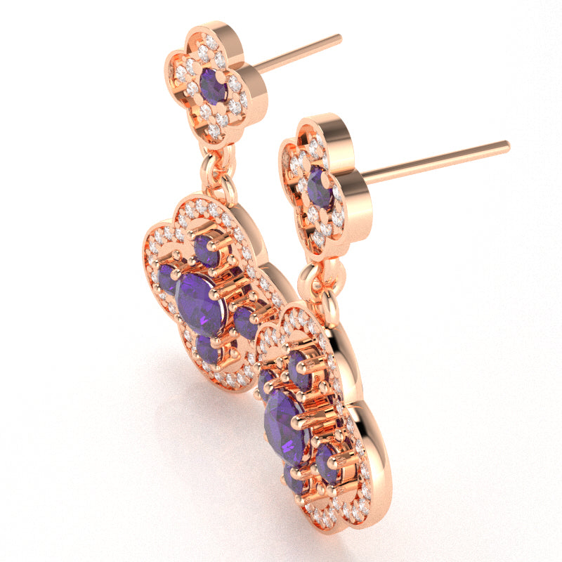 Shamrock Clover Flower Leaf Amethyst Diamond Earrings In 10k Rose Gold