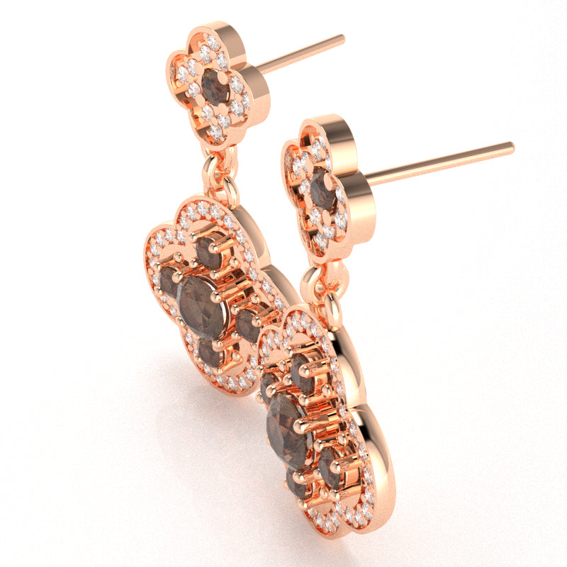 Shamrock Clover Flower Leaf Smoky Quartz Diamond Earrings In 10k Rose Gold