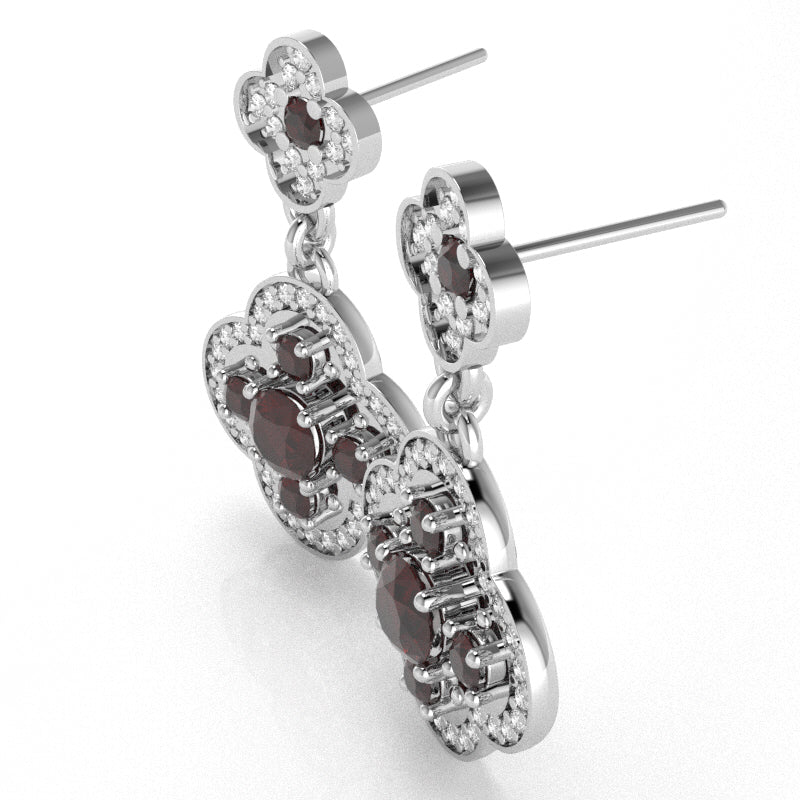 Shamrock Clover Flower Leaf Garnet Diamond Earrings In 10k White Gold
