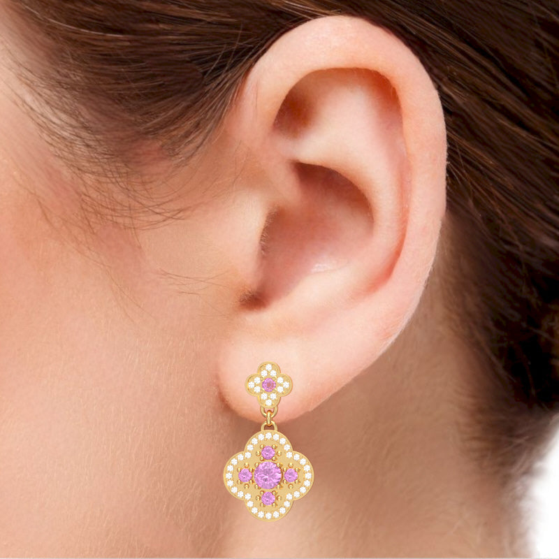 Shamrock Clover Flower Leaf Lab-Created Pink Sapphire Diamond Earrings In 10k Yellow Gold