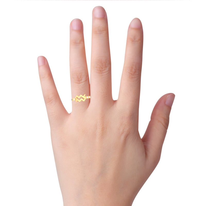 Aquarius Zodiac Sign Diamond Ring In Solid 14k Yellow Gold