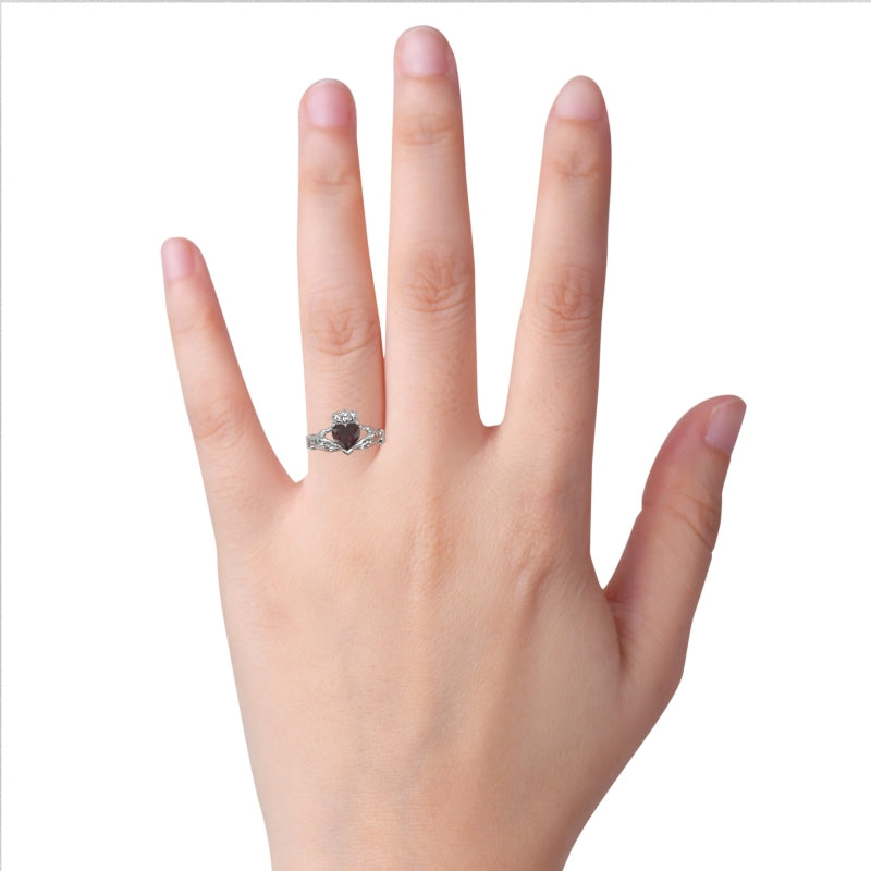 Claddagh Garnet Ring In Solid 14k White Gold