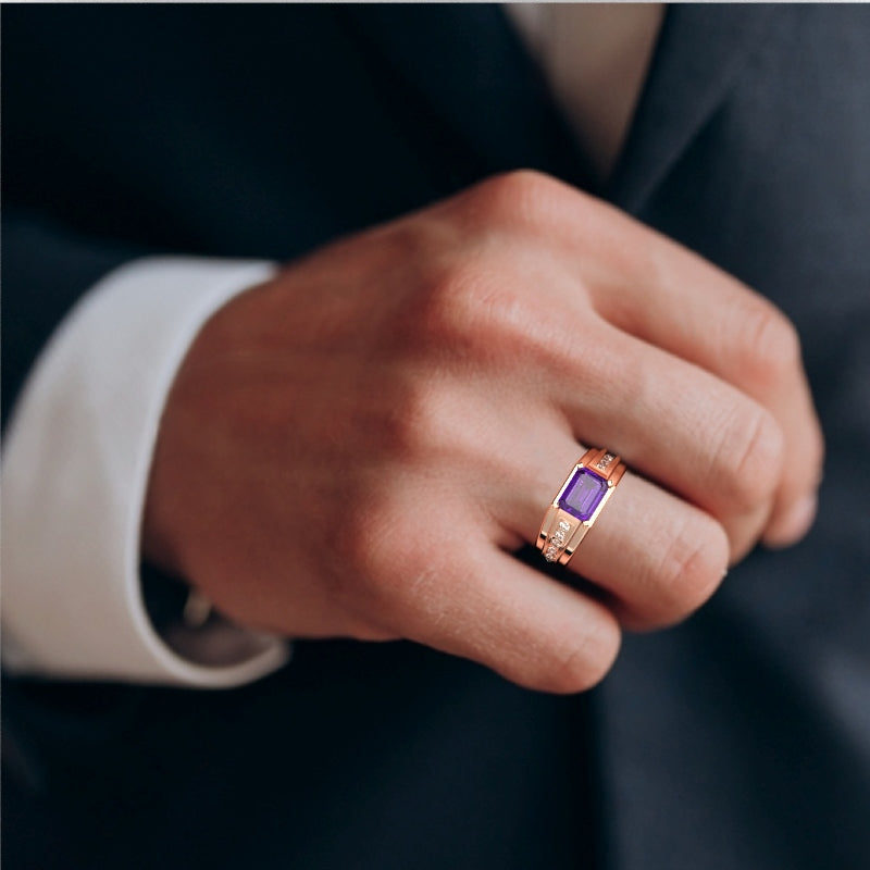 Men's Amethyst Diamond Channel Ring In Solid 14k Rose Gold