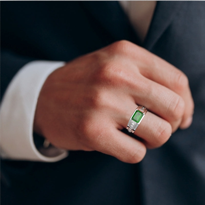 Men's Lab-Created Emerald Diamond Channel Ring In Solid 14k White Gold