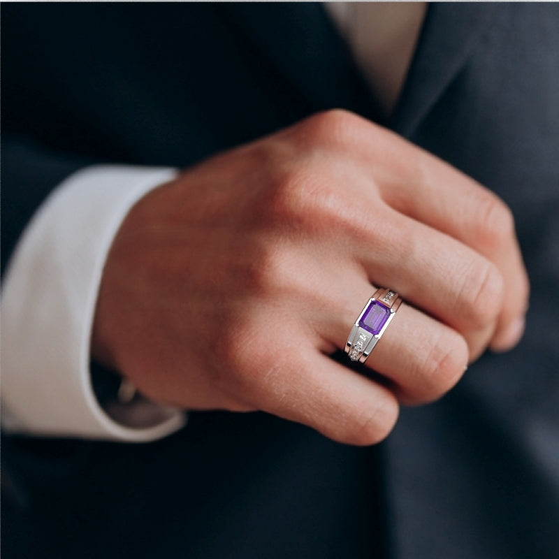 Men's Amethyst Diamond Channel Ring In Solid 14k White Gold