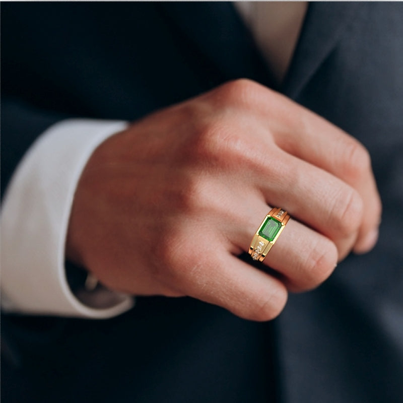 Men's Lab-Created Emerald Diamond Channel Ring In Solid 14k Yellow Gold