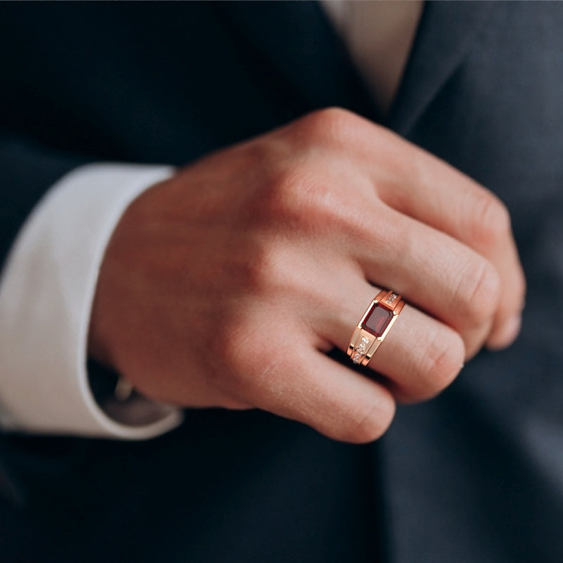 Men's Lab-Created Ruby Diamond Channel Ring In Solid 14k Rose Gold