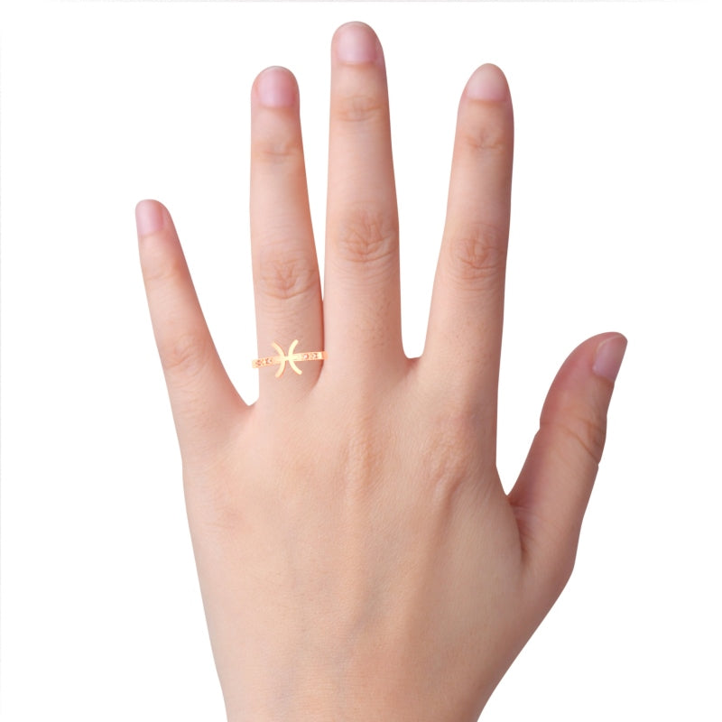 Pisces Zodiac Sign Diamond Ring In Solid 14k Rose Gold