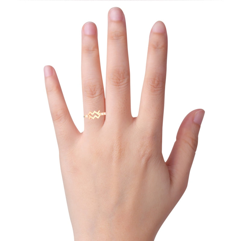 Aquarius Zodiac Sign Diamond Ring In Solid 10k Rose Gold