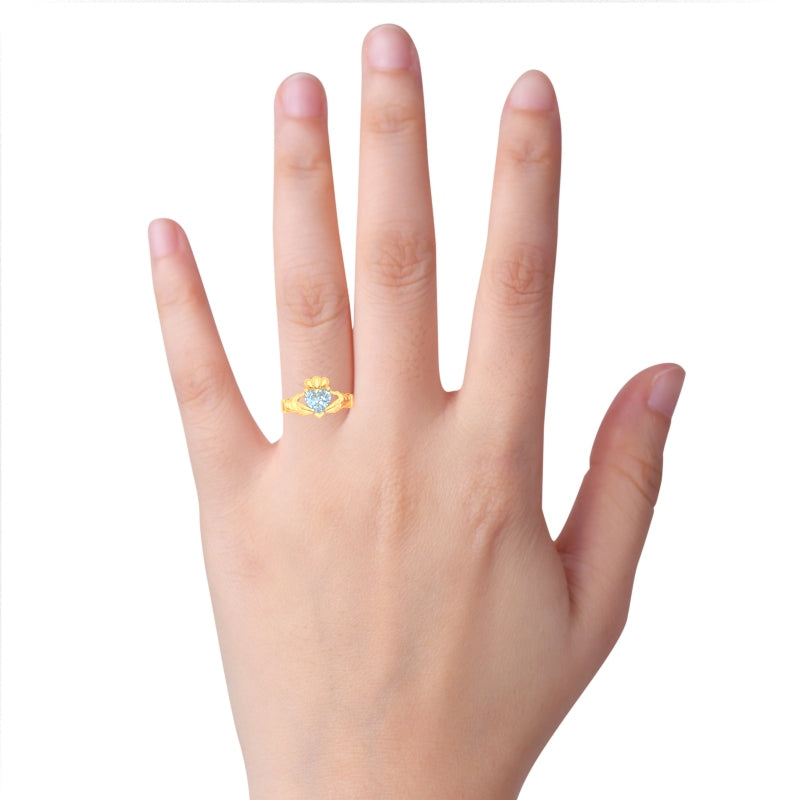 Claddagh Aquamarine Ring In Solid 14k Yellow Gold