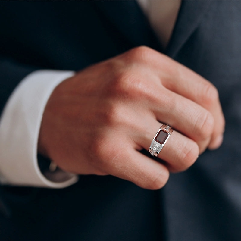 Men's Garnet Diamond Channel Ring In Solid 14k White Gold