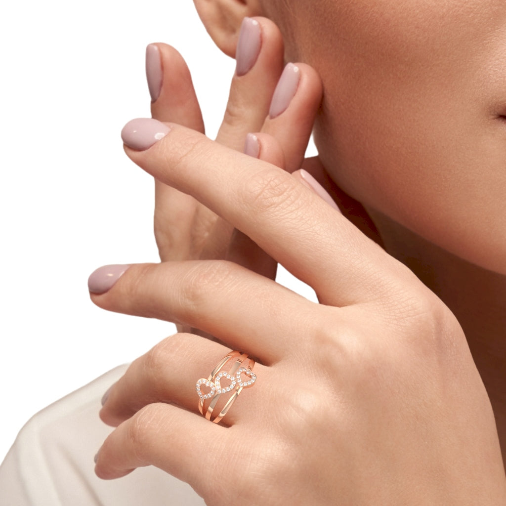 Triple Heart Diamond Cocktail Ring In 10k Rose Gold