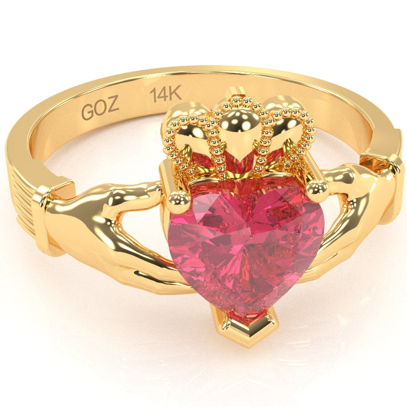 Claddagh Pink Tourmaline Ring In Solid 14k Yellow Gold