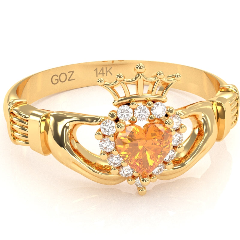 Claddagh Citrine Diamond Ring In Solid 14k Yellow Gold