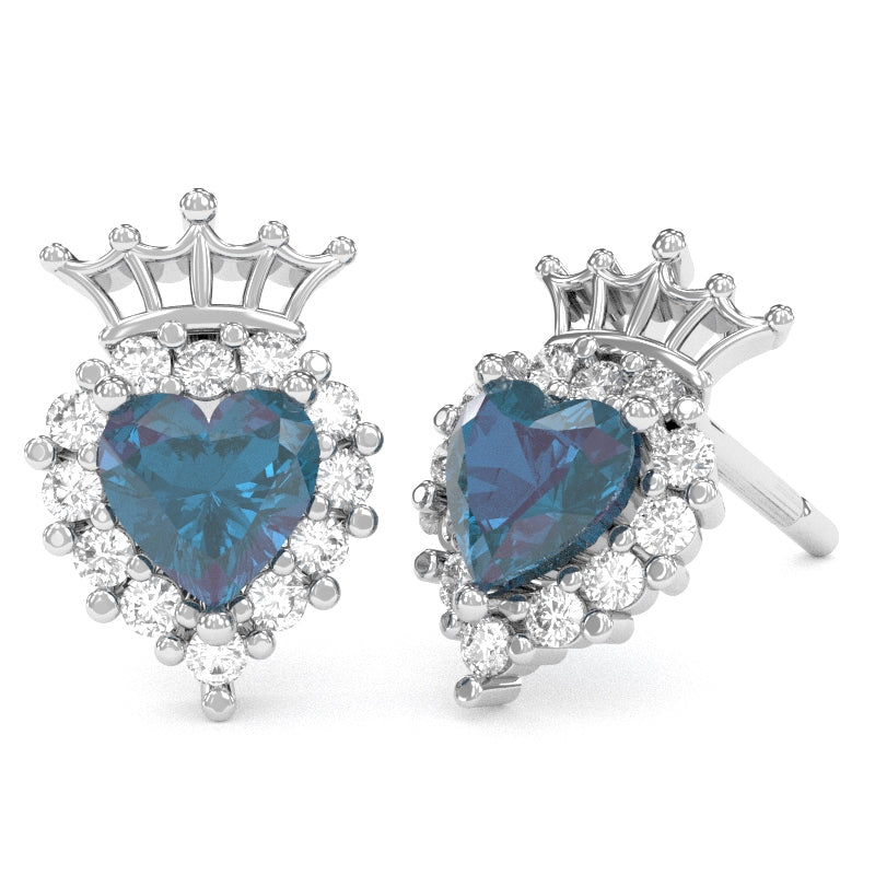 Lab-Created Alexandrite Diamond Claddagh motif Stud Earrings in 10k White Gold