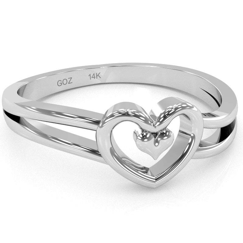 Split Shank Heart-In-Heart Love Ring In Solid 14k White Gold