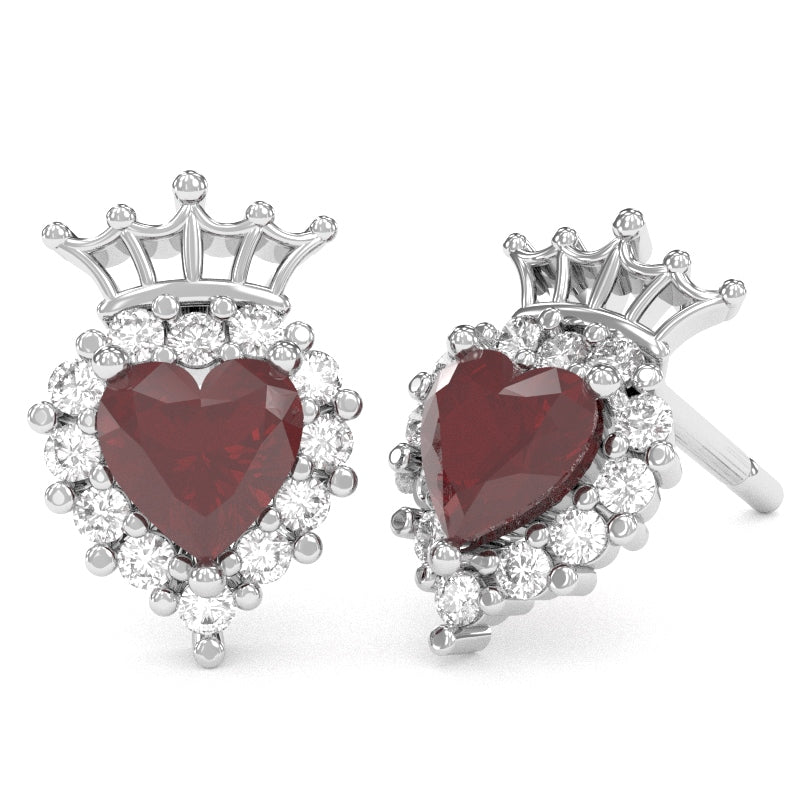 Ruby Diamond Claddagh motif Stud Earrings in 10k White Gold