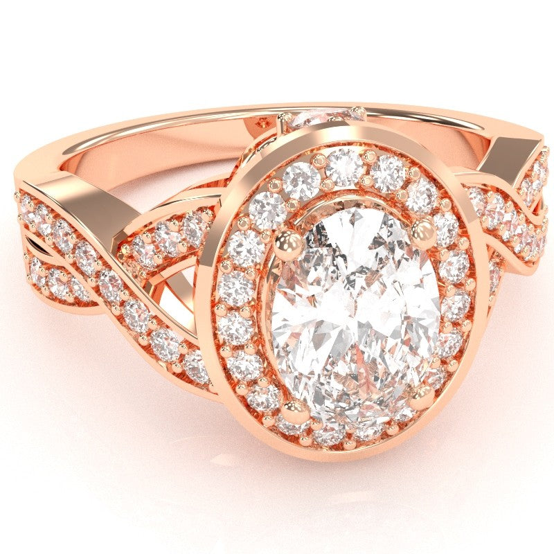 Three Stone White Topaz Diamond Peekaboo Halo Engagement Ring In 14k Rose Gold