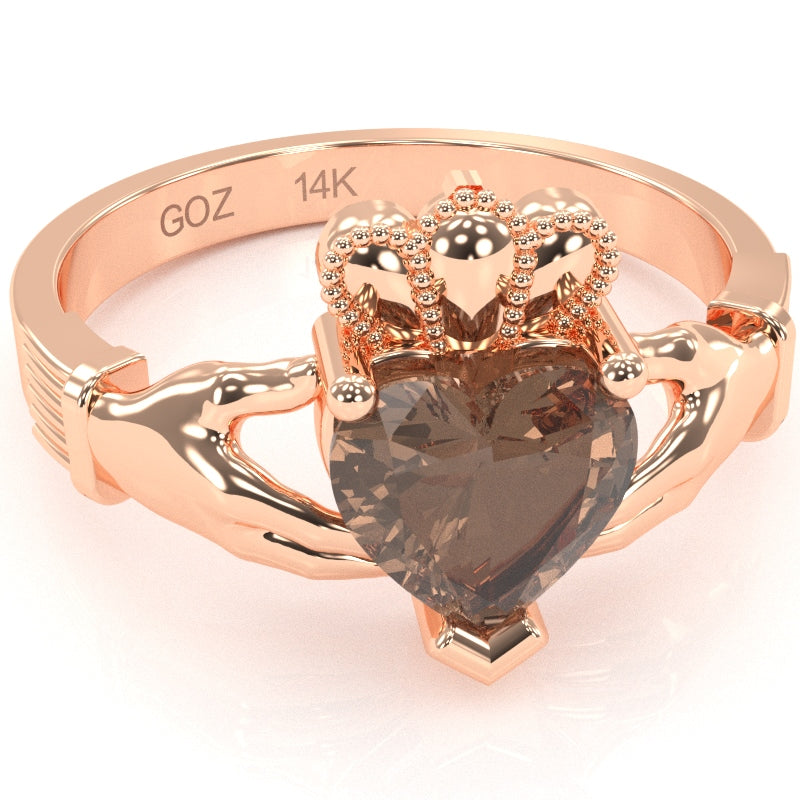 Claddagh Smoky Quartz Ring In Solid 14k Rose Gold