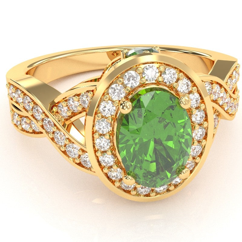 Three Stone Peridot Diamond Peekaboo Halo Engagement Ring In 14k Yellow Gold