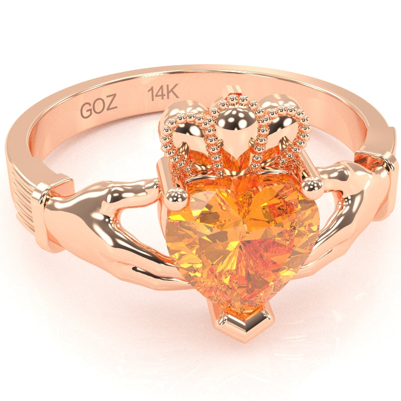 Claddagh Citrine Ring In Solid 14k Rose Gold