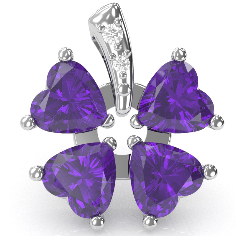 4 Leaf Clover Shamrock Amethyst Diamond Pendant In 14k White Gold