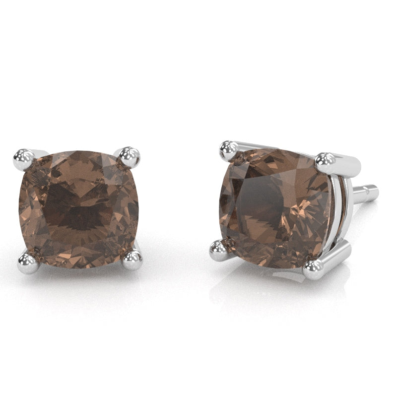 Smoky Quartz 6mm Cushion Stud Earrings in 10k White Gold