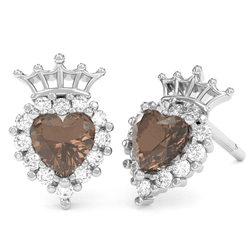 Smoky Quartz Diamond Claddagh motif Stud Earrings in 10k White Gold