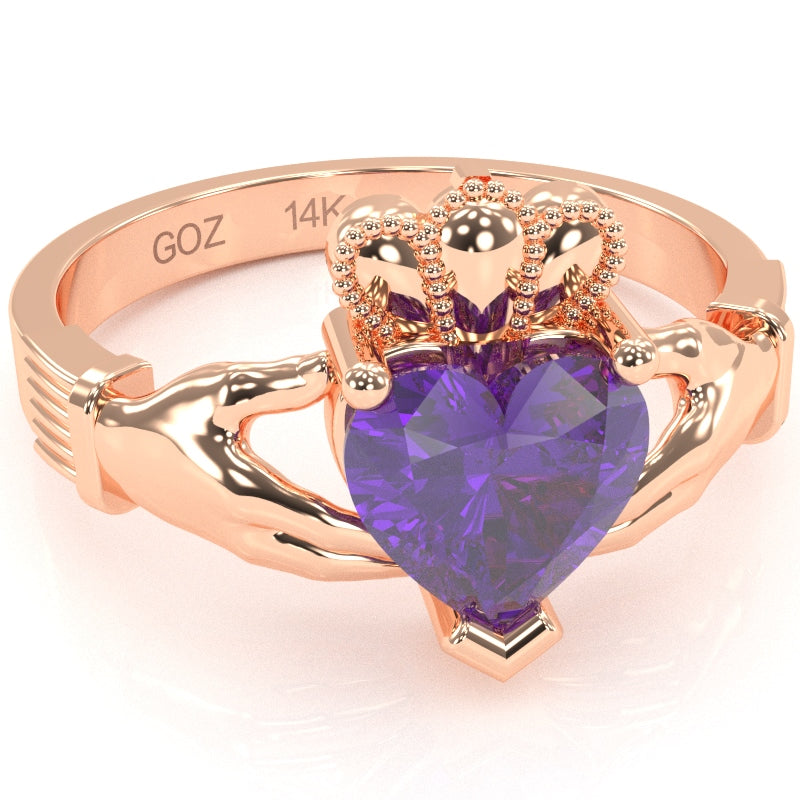 Claddagh Amethyst Ring In Solid 14k Rose Gold