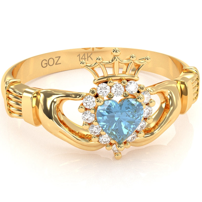Claddagh Blue Topaz Diamond Ring In Solid 14k Yellow Gold