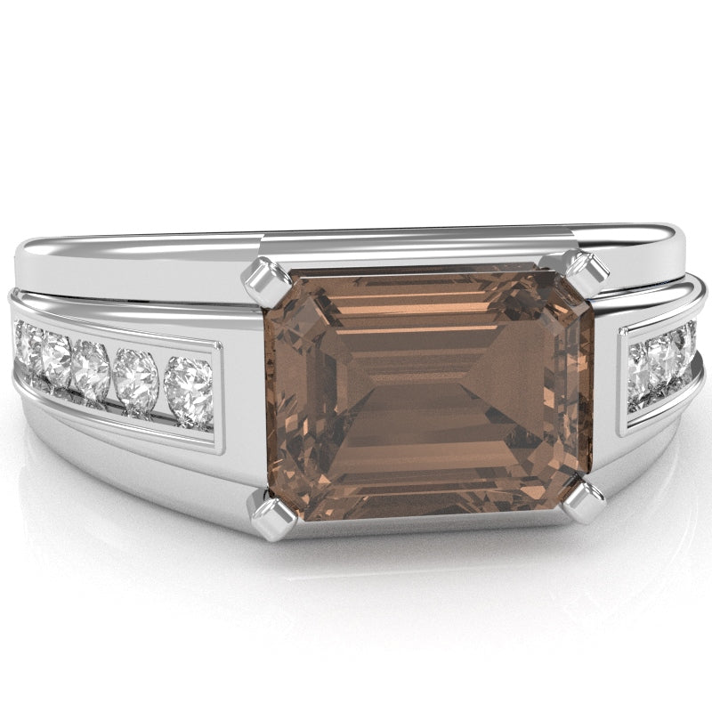 Men's Smoky Quartz Diamond Channel Ring In Solid 14k White Gold