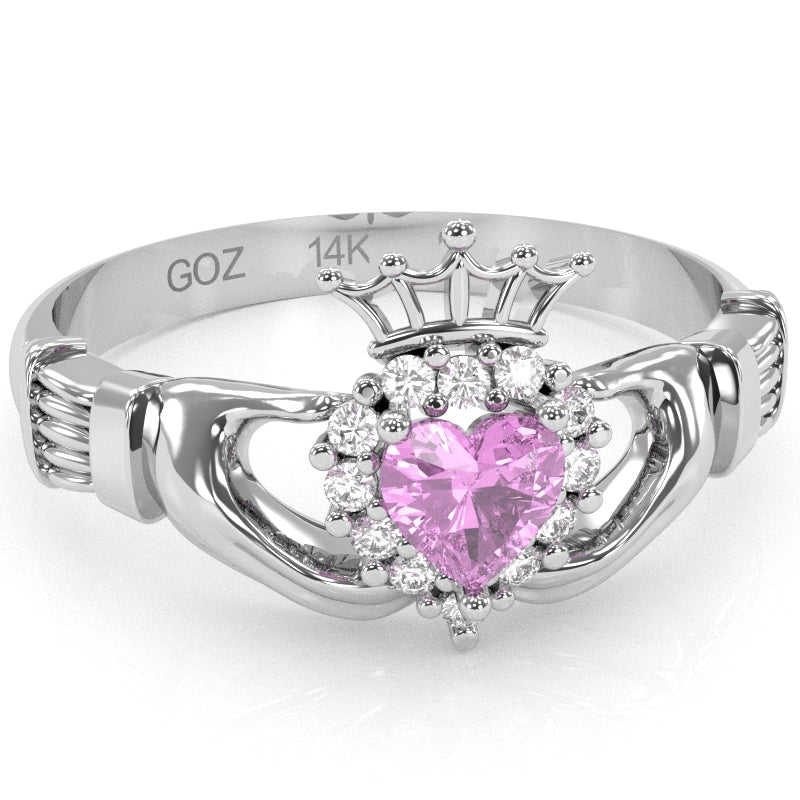 Claddagh Lab-Created Pink Sapphire Diamond Ring In Solid 14k White Gold