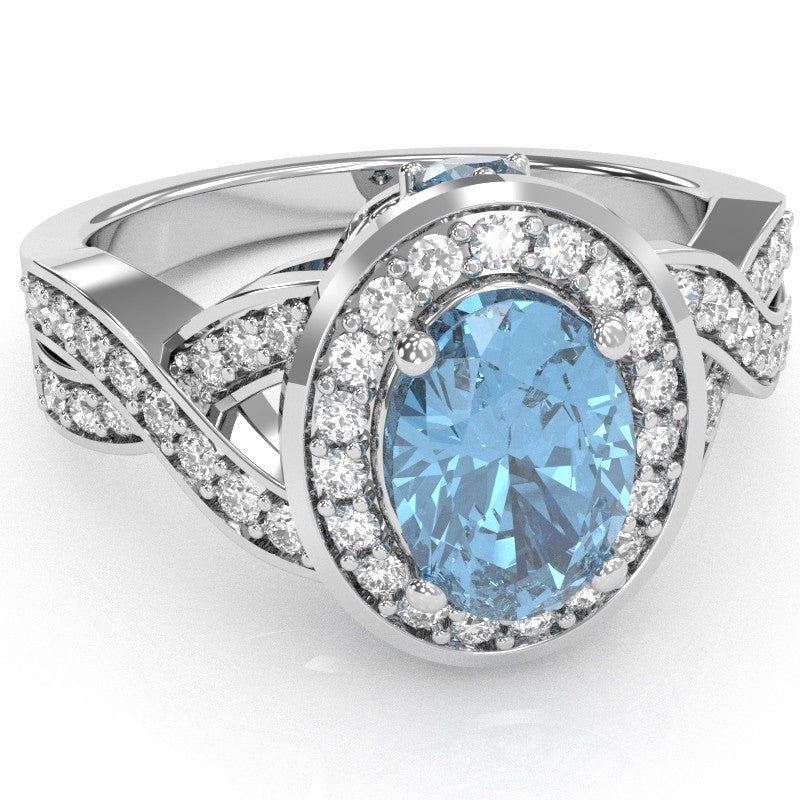 Three Stone Blue Topaz Diamond Peekaboo Halo Engagement Ring In 14k White Gold