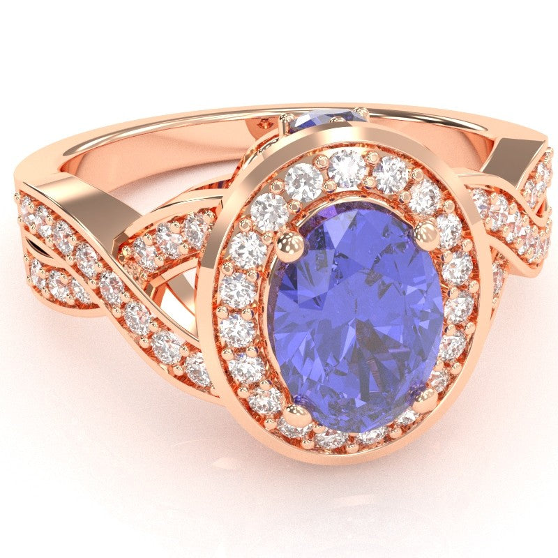 Three Stone Tanzanite Diamond Peekaboo Halo Engagement Ring In 14k Rose Gold