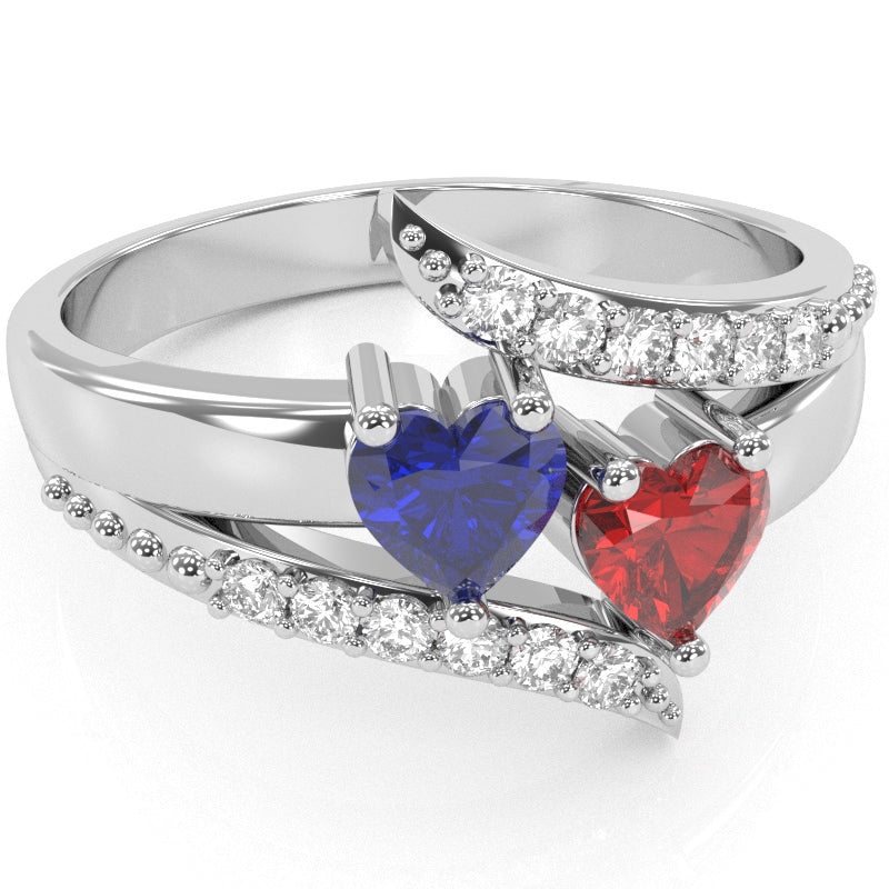 Double Heart Gemstone Diamond Promise Ring In 14k White Gold