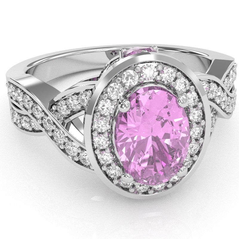 Three Stone Lab-Created Pink Sapphire Diamond Peekaboo Halo Engagement Ring In 14k White Gold