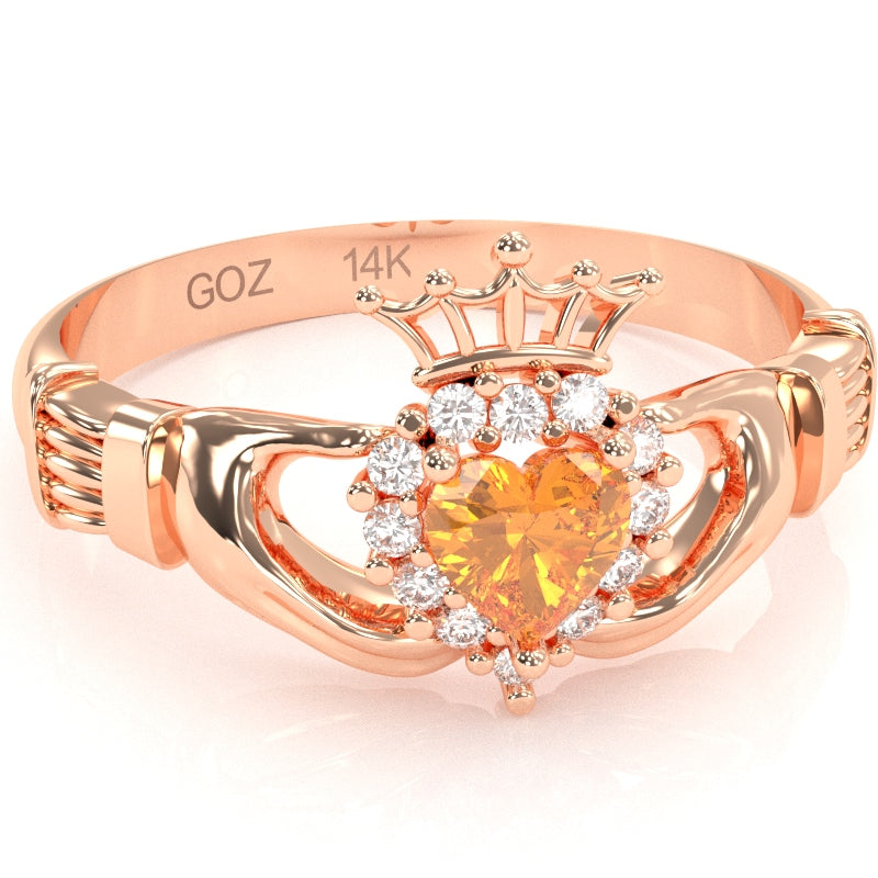 Claddagh Citrine Diamond Ring In Solid 14k Rose Gold