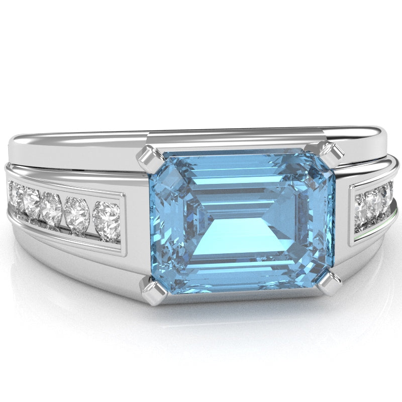 Men's Blue Topaz Diamond Channel Ring In Solid 14k White Gold